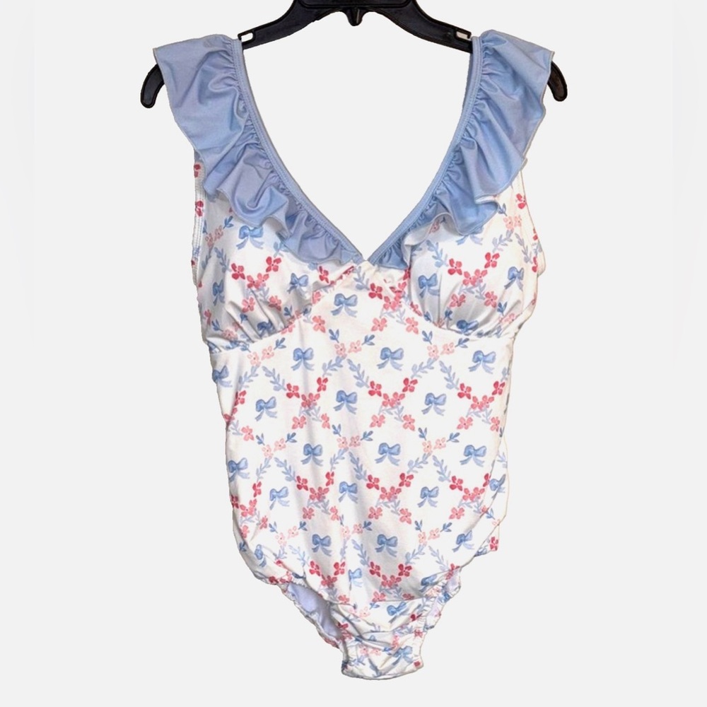 NWT Abby & Evie Girls XL One Piece Swimsuit Bow Print Ruffle Tie Back Size 14/16